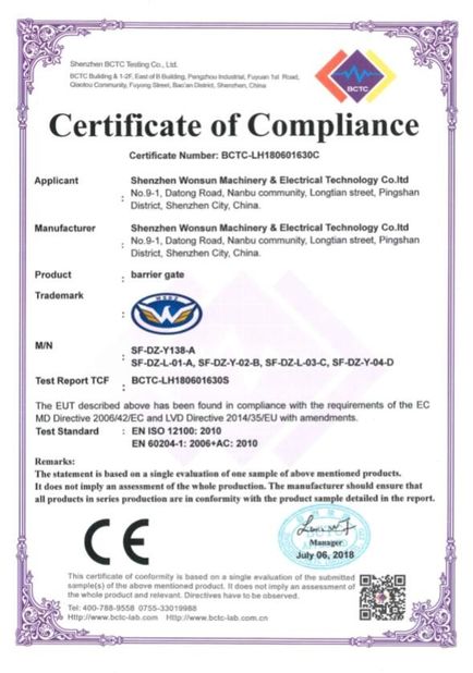 China Shenzhen Wonsun Machinery &amp; Electrical Technology Co. Ltd Certificaten